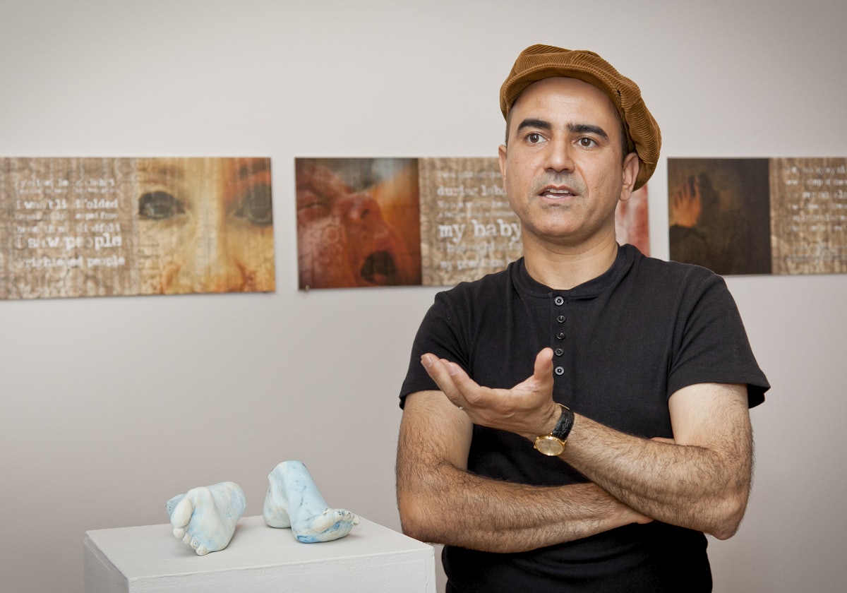 Artist Mehrzad Mumtahan is the nephew of one of seven former Baha'i leaders in Iran who are each currently serving a 20-year prison sentence. Mr. Mumtahan's ceramic sculpture, titled "Turquoise Feet," pictured, conveys the cruelty of a commonly-used punishment in which the soles of a prisoner's feet are beaten.