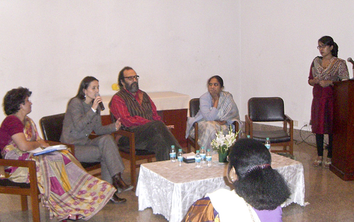 Participants in the seminar "Ending Violence against Children," held in New Delhi on 22 November, take part in an interactive session. Pictured: (from left) Farida Vahedi, Baha'i Office of Public Affairs; Dora Giusti, UNICEF; Javed Naqvi, journalist; Shanta Sinha, National Commission for the Protection of Child Rights; and Nilakshi Rajkhowa, Indian Baha'i Office of Public Affairs.