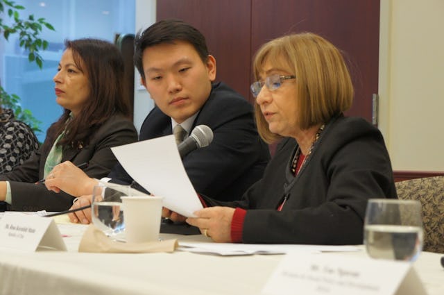 Rose Kornfeld Matte, right, of Chile's National Service for Older People, speaks during a panel discussion at the offices of the Baha'i International Community on 7 February 2013 during the UN Commission on Social Development. At the left is Sewa Lamsal Adhikari of Nepal, Chairperson of the Commission. In the center is Ming Hwee Chong of the Baha'i International Community.