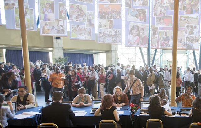 Delegates are registered for the 11th International Baha'i Convention upon their arrival at the Haifa Convention Center.