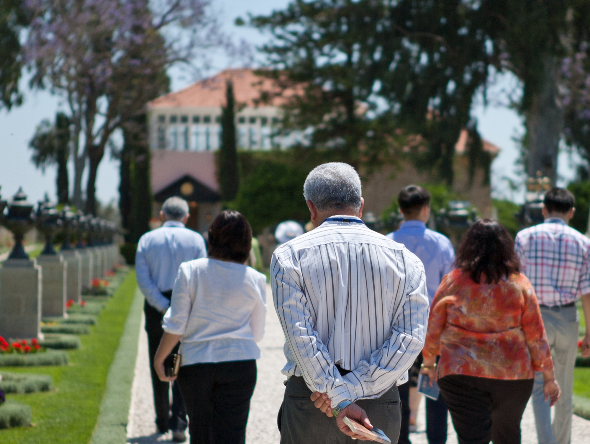 Delegates approach the Shrine of Baha'u'llah at Bahji, near Acre. Here they prayerfully reflected on their responsibilities during the forthcoming election of the Universal House of Justice.