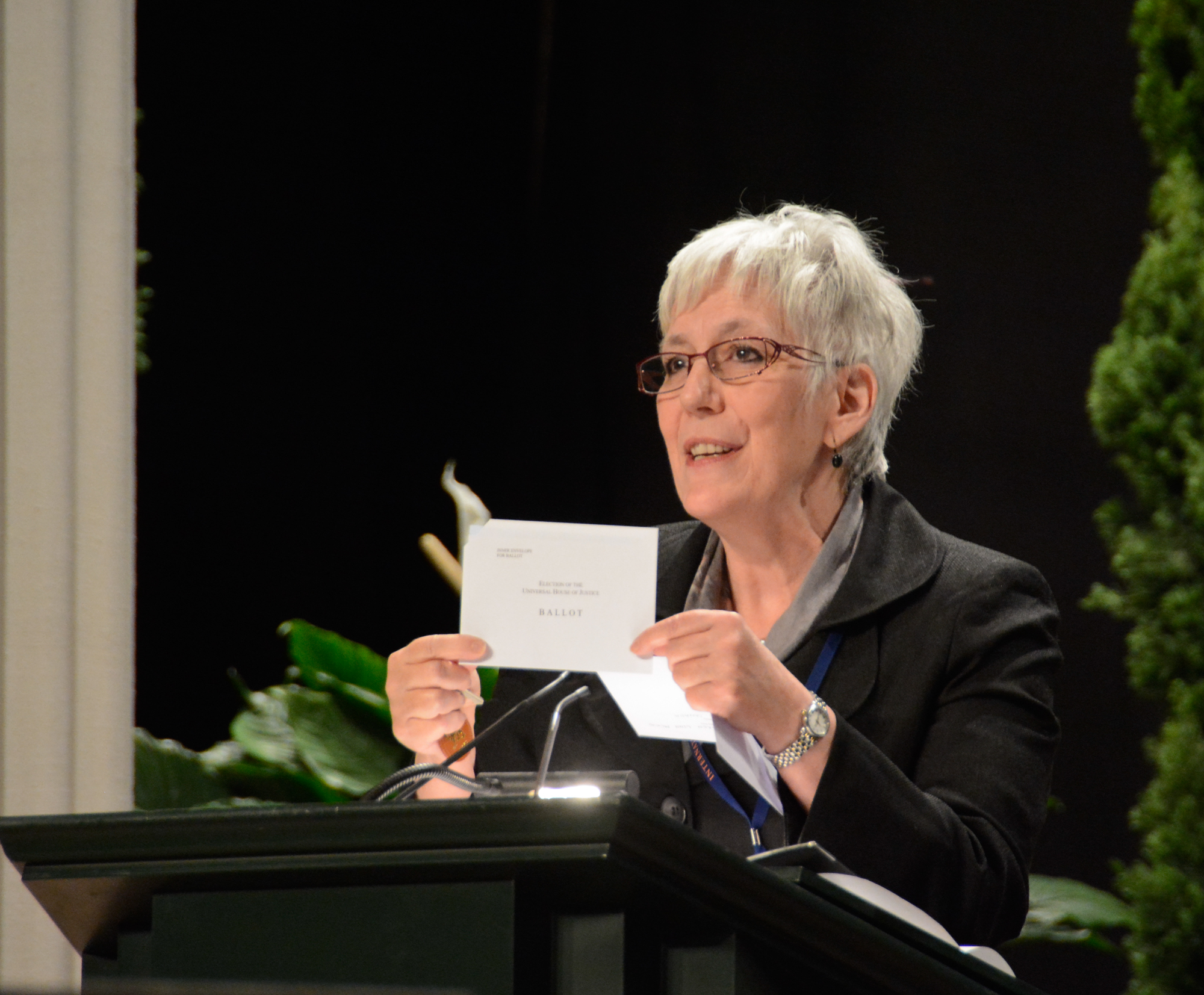 On the day of the election of the Universal House of Justice, 29 April 2013, head chief teller Karen McKye of Canada reminded the delegates of the election procedure.
