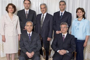Photo of the seven imprisoned Baha’i leaders; seated from left, Behrouz Tavakkoli and Saeid Rezaie, and standing, Fariba Kamalabadi, Vahid Tizfahm, Jamaloddin Khanjani, Afif Naemi and Mahvash Sabet.