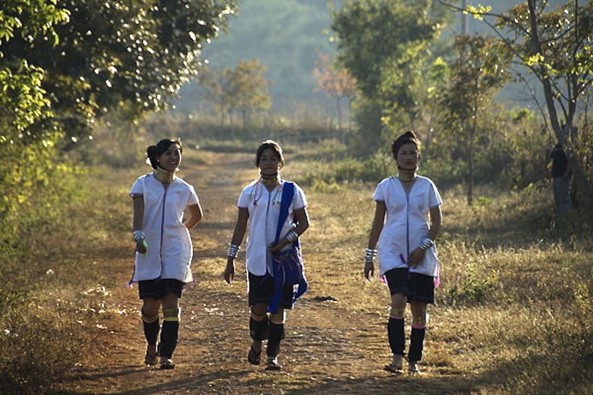 Mu Dan, Mu Pau and Mu Lai - women of the Kayan Lahwi tribe - pictured returning to their village in the feature film Kayan Beauties, which has been widely acclaimed in Myanmar and further afield.