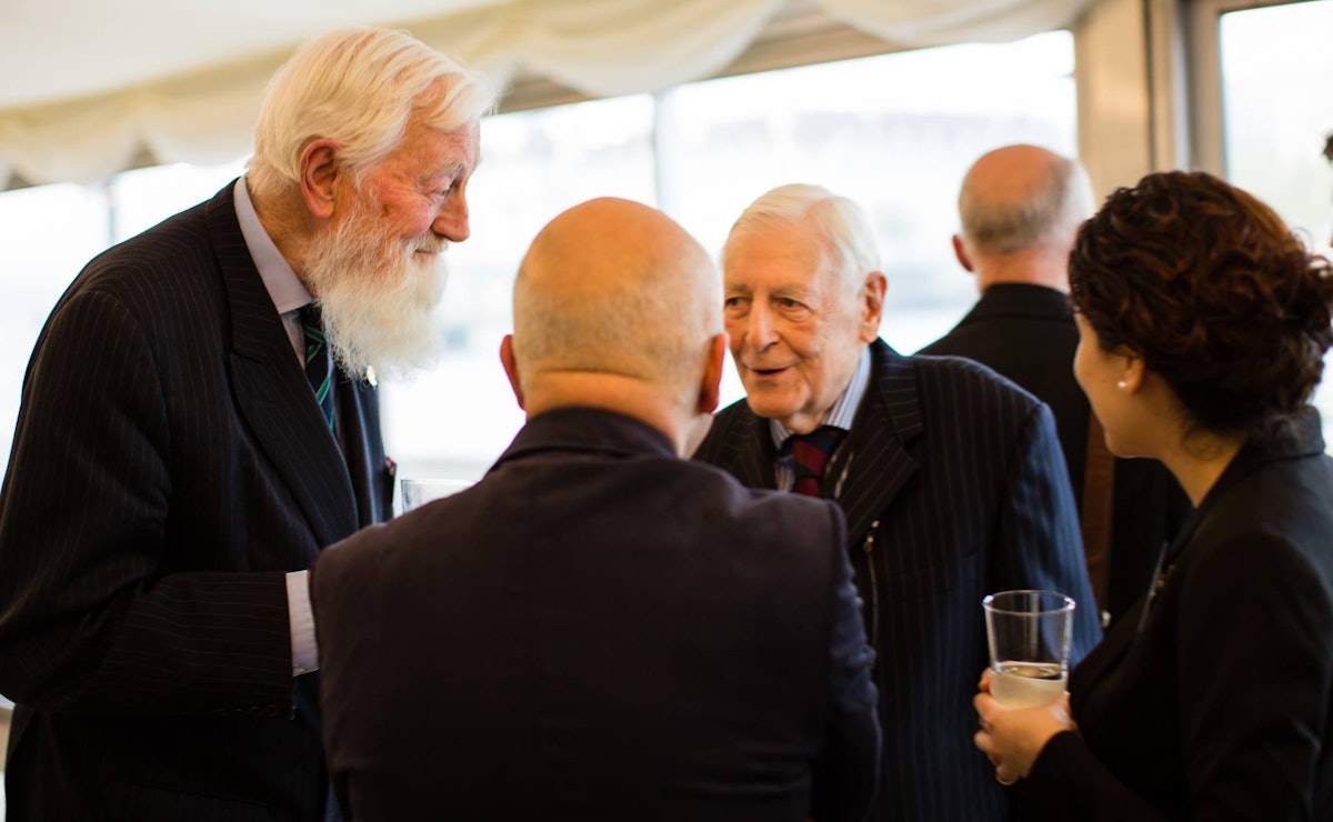Among the guests at a reception held in the UK Houses of Parliament, 30 April 2014, marking the Baha'i festival of Ridvan were Lord Hylton – pictured left – and Lord Avebury – second from right.