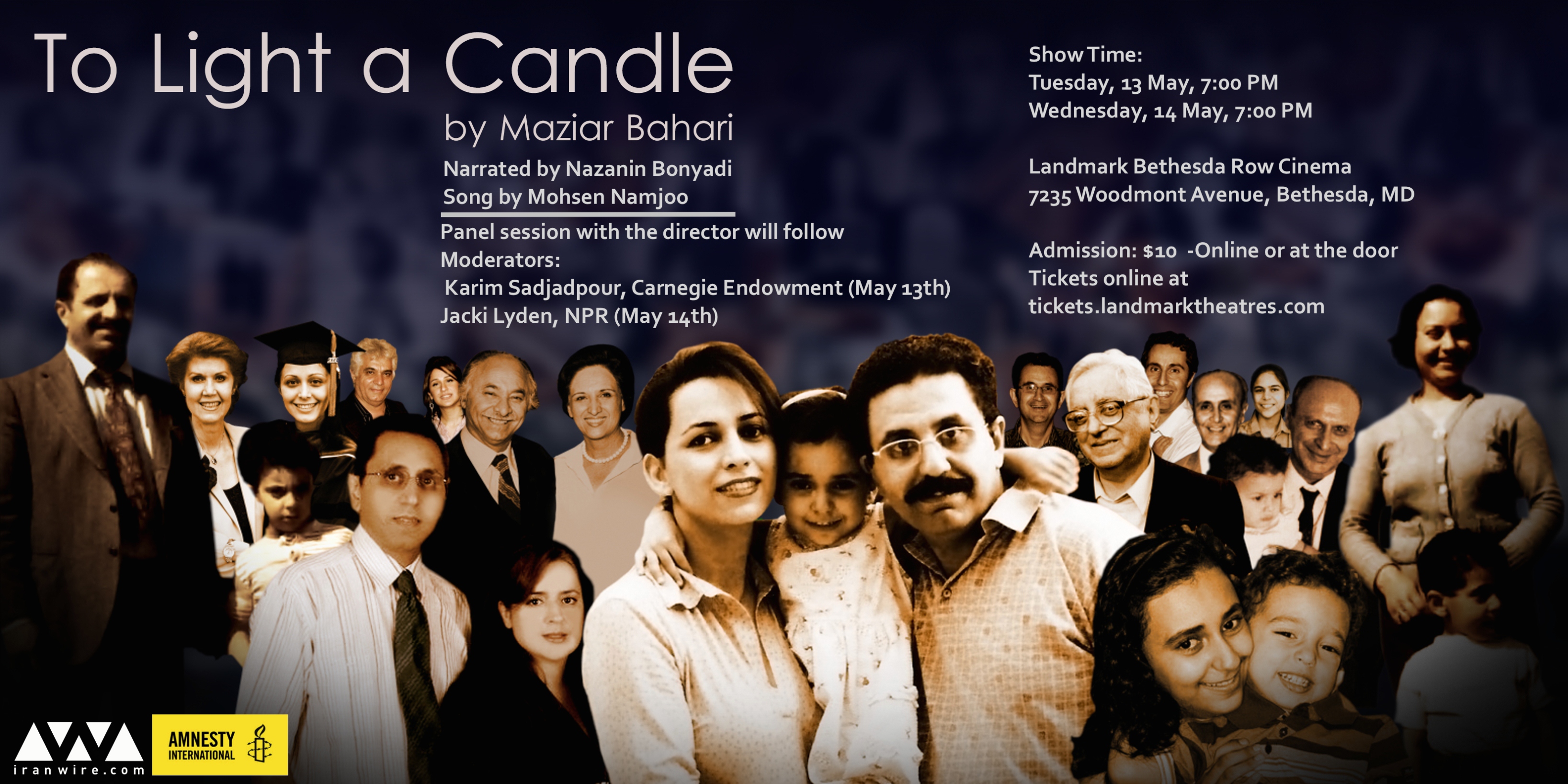 A promotional poster for a screening of the documentary film "To Light a Candle". The film explores the systematic persecution of the Baha'i community of Iran.