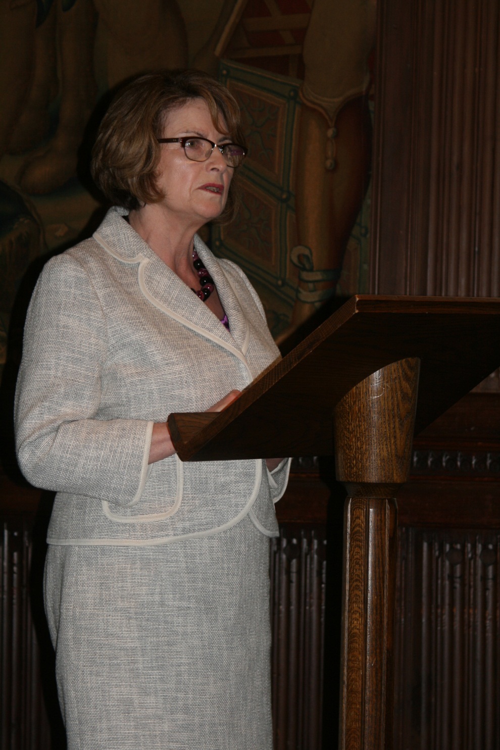 Member of Parliament Louise Ellman – Chair of the All-Party Parliamentary Friends of the Baha'is group – addresses the commemorative gathering in Westminster Abbey's historic Jerusalem Chamber, 27 May 2014, marking the sixth anniversary of the imprisonment of Iran's seven former Baha'i leaders.