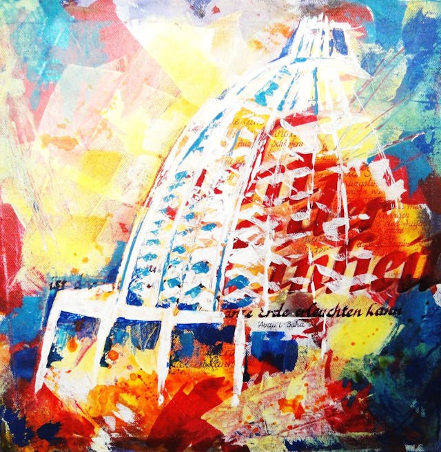 The painting, "Light 2" by Andrea Seidel is being shown at an exhibition of art celebrating the 50th anniversary of the Baha'i House of Worship in Langenhain, Germany. Twelve artists from Langenhain and the surrounding district are showing paintings and photography inspired by the Temple.