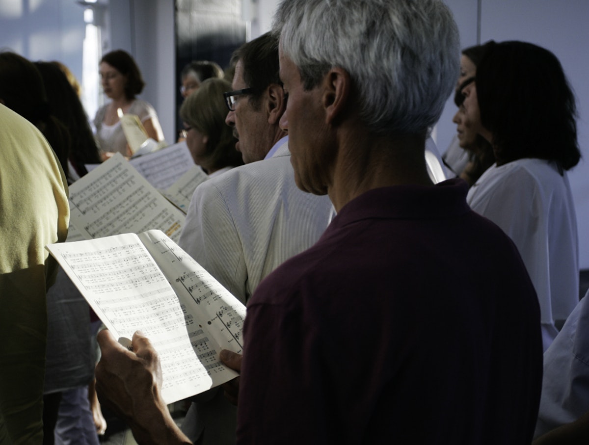 A local choir from Langenhain sang devotional music in the European Baha'i House of Worship, at a special program marking the 50th anniversary of the Temple's dedication, Thursday 3 July 2014. The choir, named the 1844 Gesangsverein Langenhain e.V, was founded in 1844 - the same year as the Baha'i Faith.