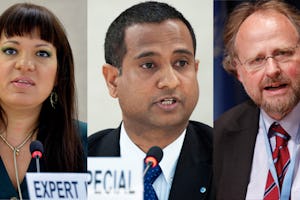 (De izquierda a derecha) Rita Izsak, la experta independiente de las Naciones Unidas sobre cuestiones de las minorías; Ahmed Shaheed, el relator especial de las Naciones Unidas sobre la situación de los derechos humanos en Irán; Heiner Bielefeldt, el relator especial de las Naciones Unidas sobre la libertad de religión o de creencias. Fotos de la ONU / Jean-Marc Ferré y Paulo Filgueiras.