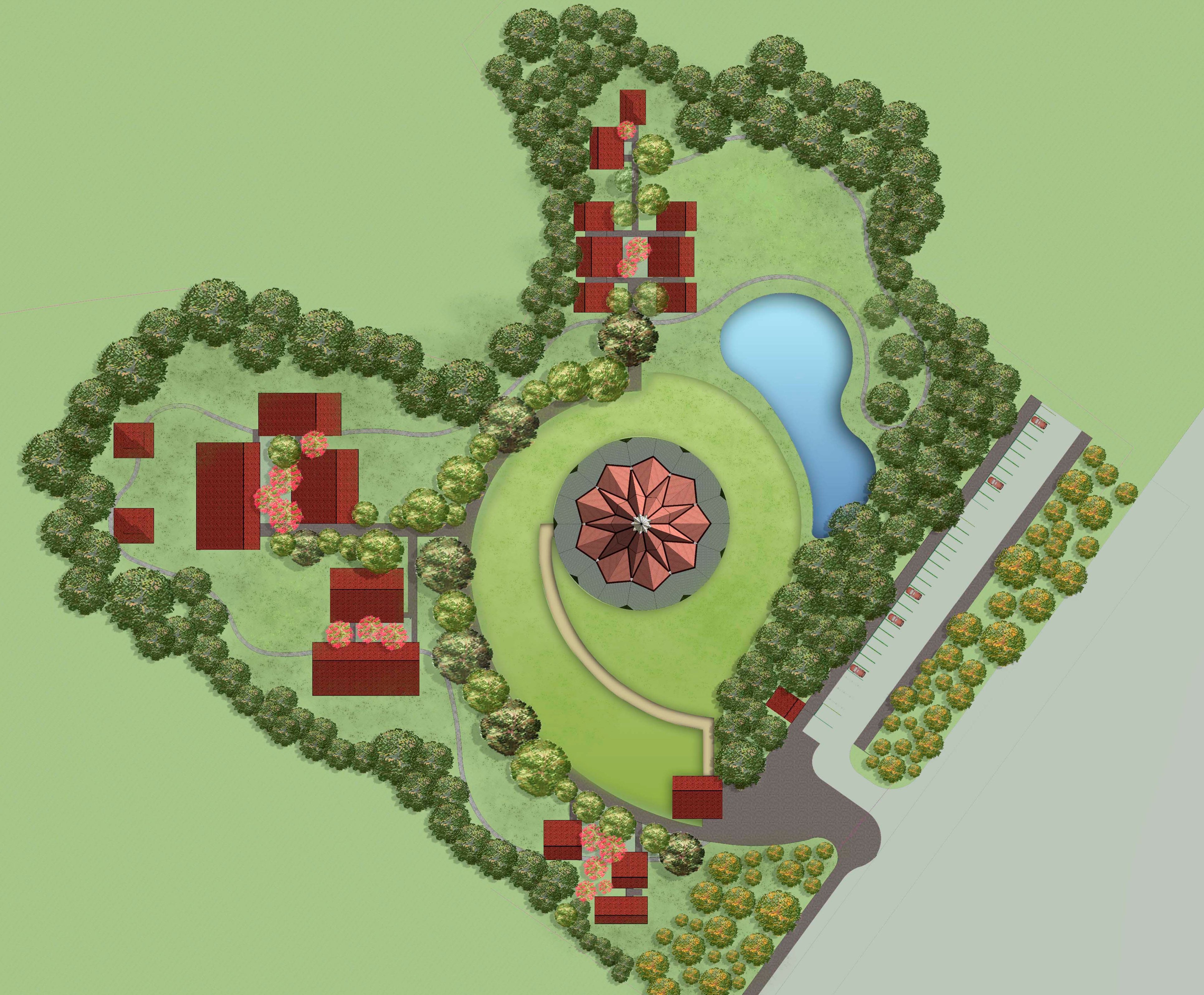 An aerial view of the planned design of the House of Worship.