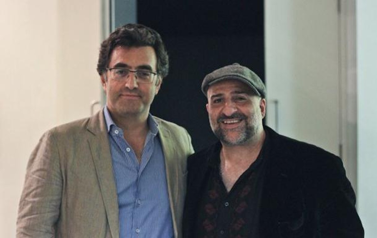 Journalist Maziar Bahari with actor/comedian Omid Djalili at the UK premiere of Mr. Bahari's film, To Light a Candle, 12 September 2014.