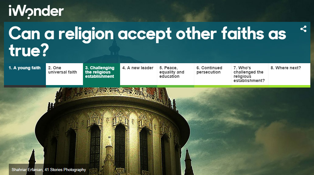 مقالهٔ "آیا یک دین می‌‌تواند ادیان دیگر را قبول داشته باشد؟" که اخیراً در سایت آموزشی و تعاملی " آی واندِر" (iWonder) متعلق به بی بی سی منتشر شد، اصل برجسته تعالیم بهائی مبنی بر اینکه تمام ادیان الهی دارای اعتباری مساوی هستند را بررسی کرده، اشاره ای مختصر نیز به تاریخ پیدایش دیانت بهائی و اهداف آن دارد.