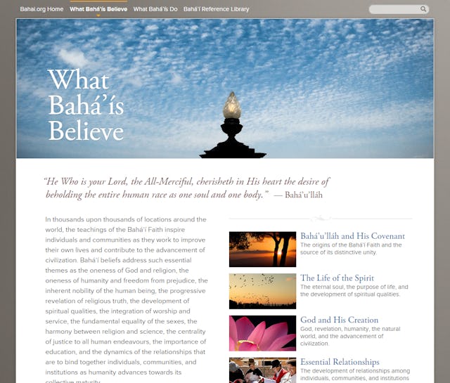 The landing page for the "What Baha'is Believe" section of the new Bahai.org website.