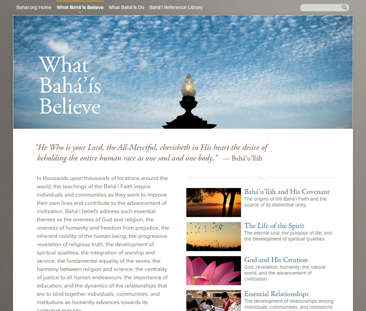 The landing page for the "What Baha'is Believe" section of the new Bahai.org website.
