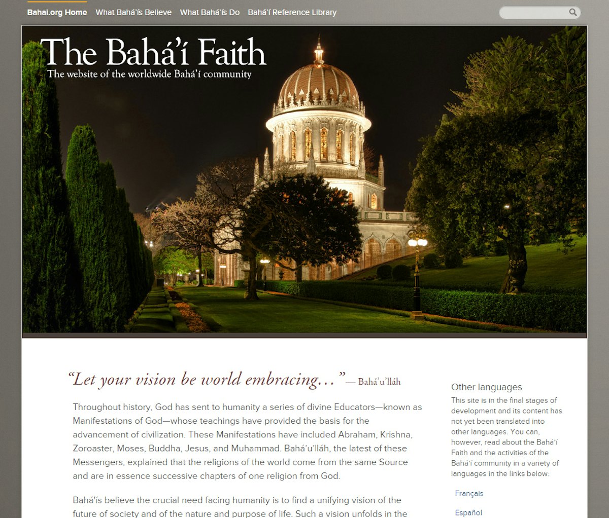 The home page of the new Bahai.org website.