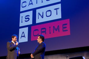 Actor Rainn Wilson converses with journalist and filmmaker Maziar Bahari at the Education is Not a Crime – Live 2015 event in Los Angeles on 27 February 2015.