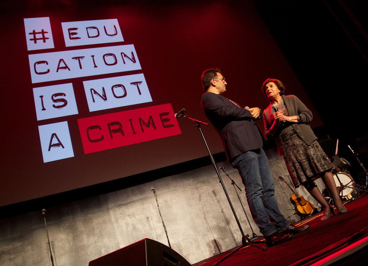 Maziar Bahari conducts and interview with Farideh Samimi at the Education is Not a Crime – Live 2015 event in Los Angeles on 27 February 2015.