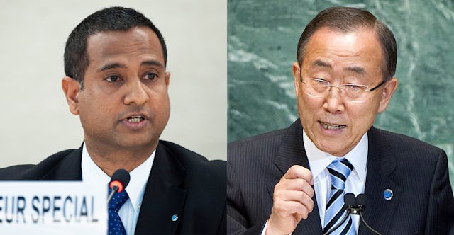 Ahmed Shaheed (left), the UN Special Rapporteur on human rights in Iran, and Secretary-General Ban Ki-moon (right). UN Photos/Jean-Marc Ferre and Marco Castro.
