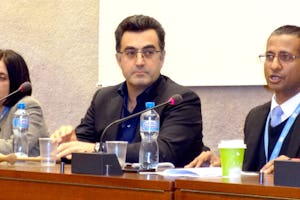 A panel discussion after the screening of "To Light a Candle" at the 28th session of the United Nations Human Rights Council. From right to left: Ahmed Shaheed, the UN Special Rapporteur on human rights in Iran; Maziar Bahari, an Iranian-Canadian journalist and filmmaker and director of "To Light a Candle"; Diane Ala'i, the representative of the Baha'i International Community to the United Nations in Geneva.