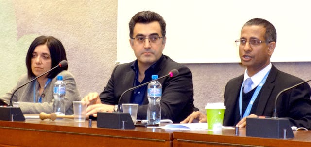 A panel discussion after the screening of "To Light a Candle" at the 28th session of the United Nations Human Rights Council. From right to left: Ahmed Shaheed, the UN Special Rapporteur on human rights in Iran; Maziar Bahari, an Iranian-Canadian journalist and filmmaker and director of "To Light a Candle"; Diane Ala'i, the representative of the Baha'i International Community to the United Nations in Geneva.