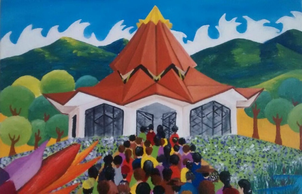 A painting of the Baha'i House of Worship for Norte del Cauca by artist Carlos Rosa.