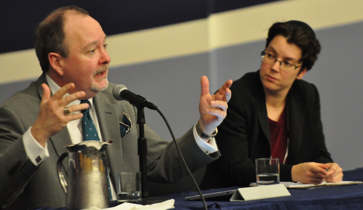 Professor John Stackhouse of Regent College (left) and Rabbi Lisa Grushcow (right) in a panel discussion at the conference.