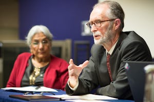 Gerald Filson, Director of Public Affairs of the Baha'i community of Canada and Chair of the Canadian Interfaith Conversation, and Alia Hogben, director of the Canadian Council of Muslim Women, in a panel discussion at the "Our Whole Society: Bridging the Religious-Secular Divide" conference, held 22-24 March 2015 at the University of British Columbia in Vancouver, Canada.