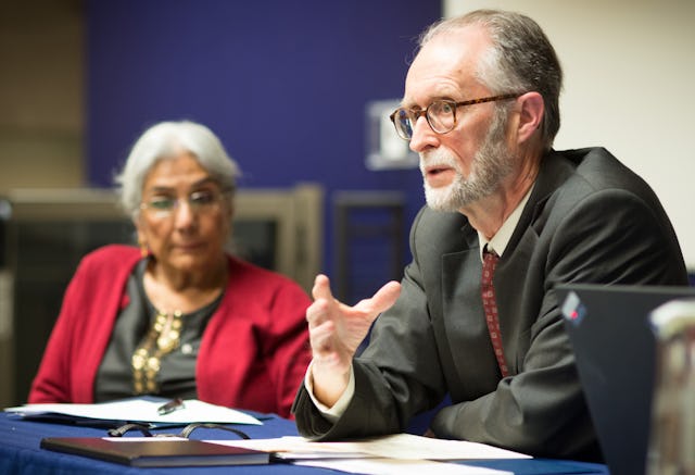 Gerald Filson, Director of Public Affairs of the Baha'i community of Canada and Chair of the Canadian Interfaith Conversation, and Alia Hogben, director of the Canadian Council of Muslim Women, in a panel discussion at the "Our Whole Society: Bridging the Religious-Secular Divide" conference, held 22-24 March 2015 at the University of British Columbia in Vancouver, Canada.