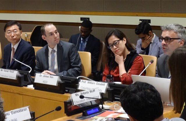 Ambassador Hahn Choong‐hee (left), Deputy Permanent Representative of the Republic of Korea to the United Nations, Daniel Perell (center), representative of the Baha'i International Community to the UN, Dr. Jinhee Kim (right), Member of the Advisory Council of UNAI Korea, at the recent seminar on Global Citizenship Education, at the UN Headquarters.