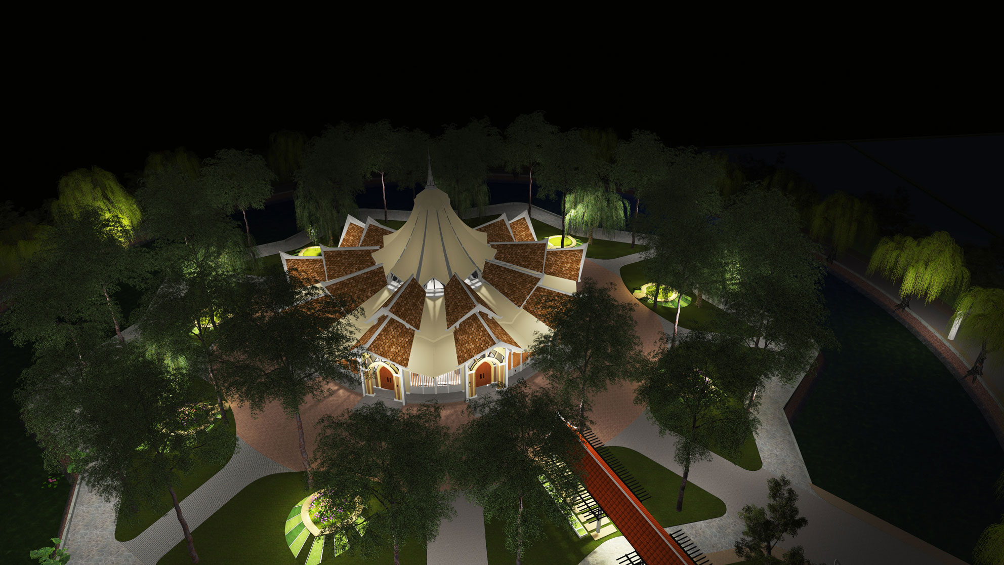 Artist impression of an evening view of the Baha'i House of Worship