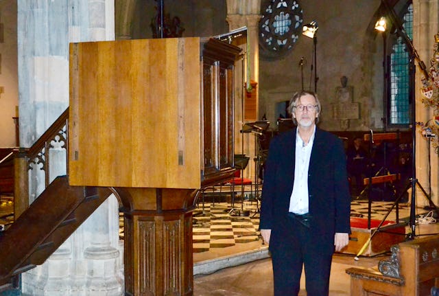 Norwegian composer Lasse Thoresen pictured in St. Giles' Cripplegate church, London, ahead of a performance of his composition based on a prayer by Baha'u'llah, 'Mon Dieu, mon Adore', 30 September 2015.