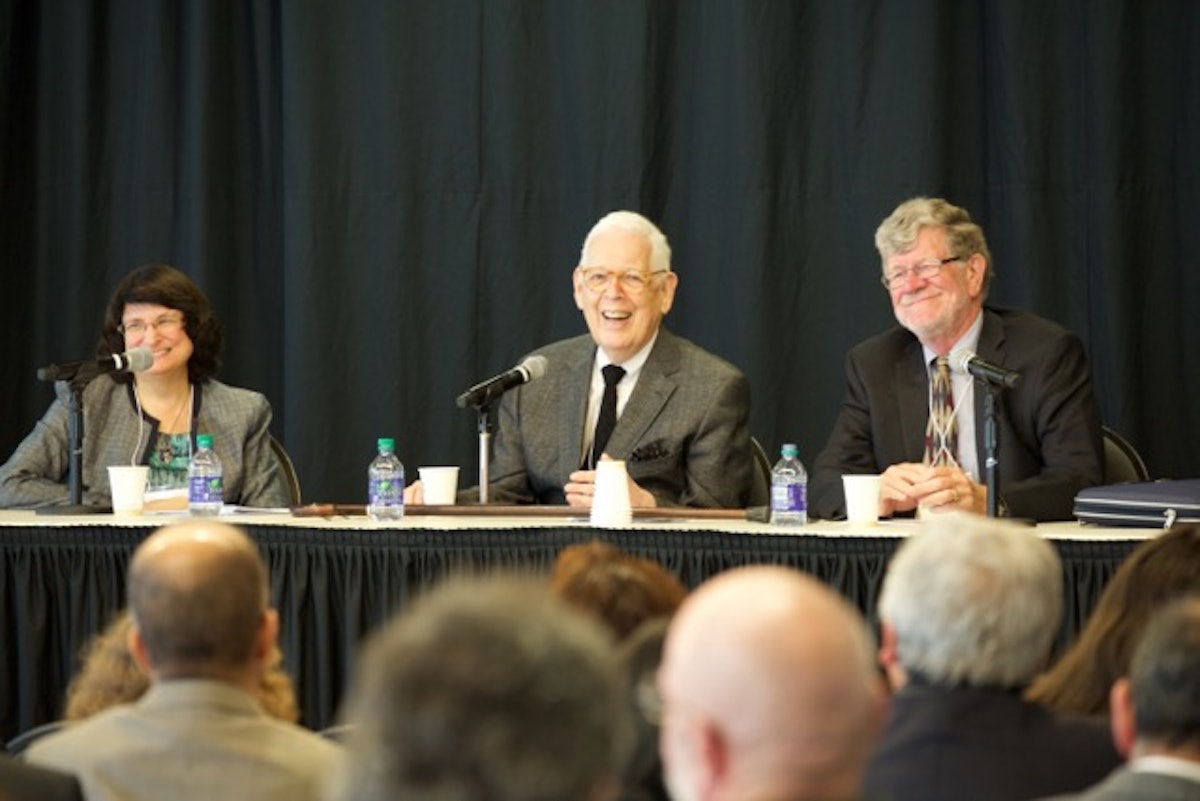 Speakers on a panel at the Symposium on the Iranian Baha’i refugee movement to Canada, held in Ottawa on 21 September 2015. From left to right: Janet Grinsted, Deputy Director, Northwest Territories Human Rights Commission and former staff of the International Baha’i Refugee Office; Douglas Martin, Secretary General, Baha’i Community of Canada, 1965-1985; and Gerry Van Kessel, Former Director-General of Operations, Refugee Branch, Citizenship and Immigration Canada. (Photo by Emad Talisman)