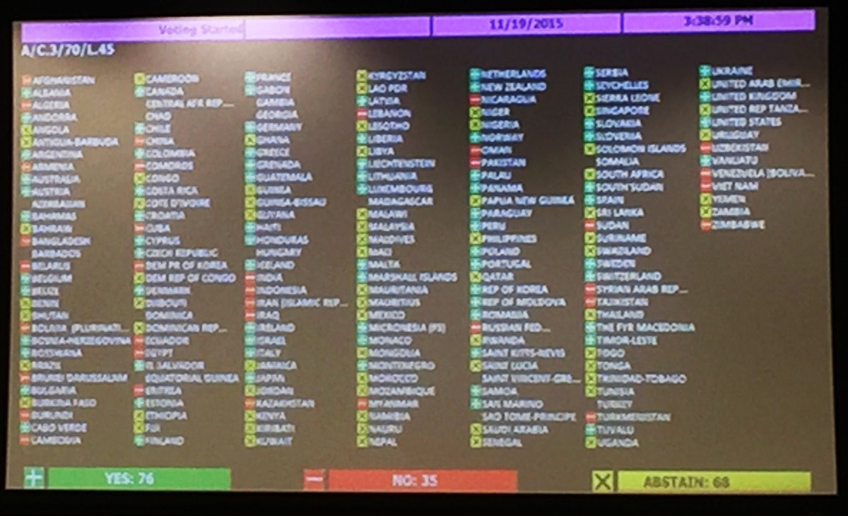 Tally board from the Third Committee of the UN General Assembly passes resolution on the promotion and protection of human rights in Iran.