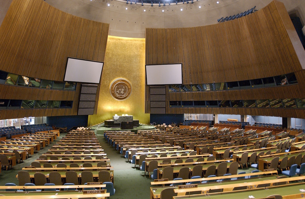 An interior view of the United Nations General Assembly hall, New York City. UN Photo/Sophia Paris