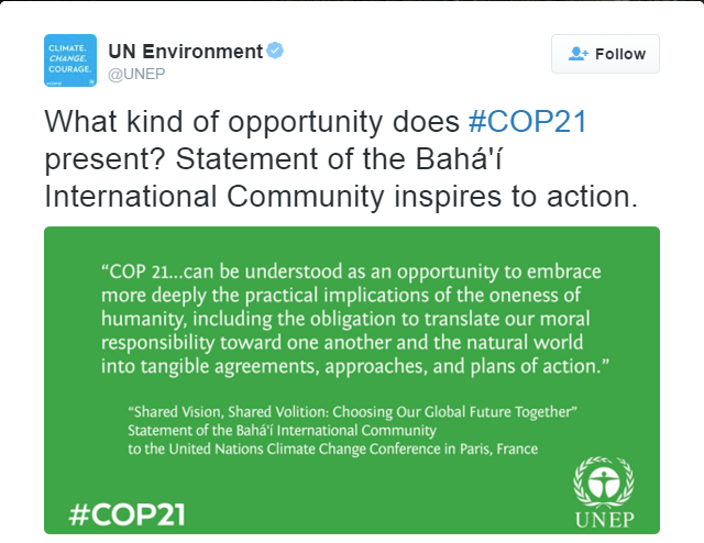 The UN Environmental Programme (UNEP) tweets a passage from the BIC's official statement for COP21, titled "Shared Vision, Shared Volition: Choosing Our Global Future Together".