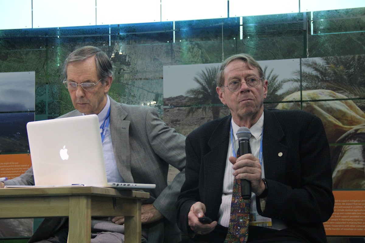 Arthur Dahl, president of the IEF and a retired Deputy Assistant Executive Director of the United Nations Environment Programme (UNEP), presents at COP21.