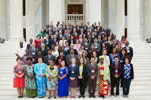 Members of the Continental Boards of Counsellors pictured here with members of the Universal House of Justice and the International Teaching Centre