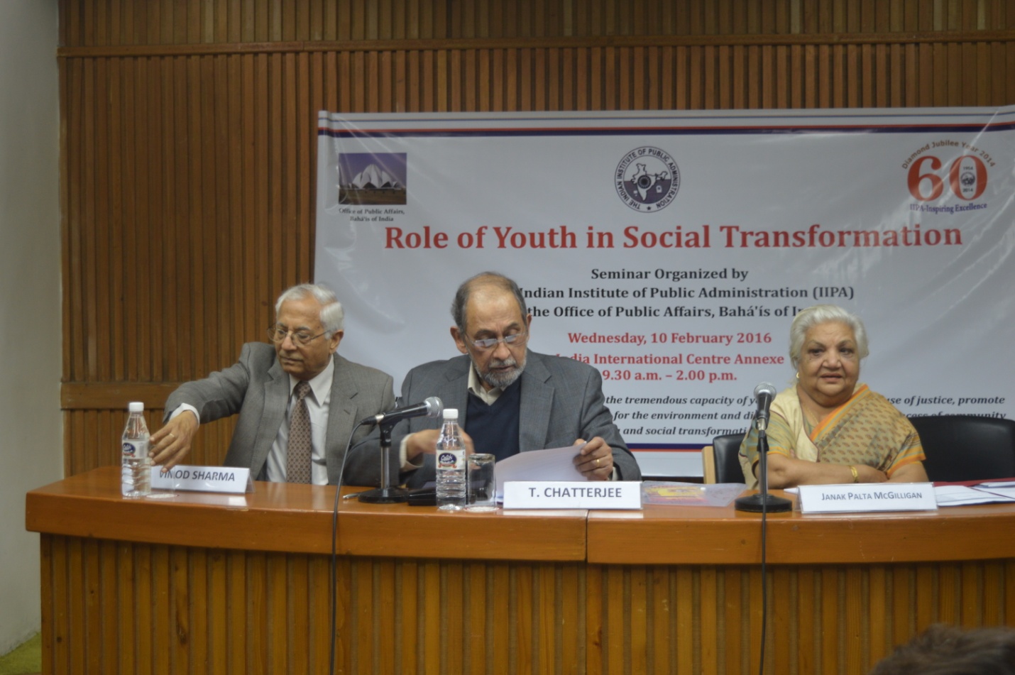 A panel discussion on the contribution of youth in addressing climate change. Prof. Vinod Sharma (left)—Indian Institute of Public Administration (IIPA); Dr. T. Chatterjee (center)—Director, Indian Institute of Public Administration; and Dr. Janak Palta McGilligan (right)—Director of Jimmy McGilligan Centre.