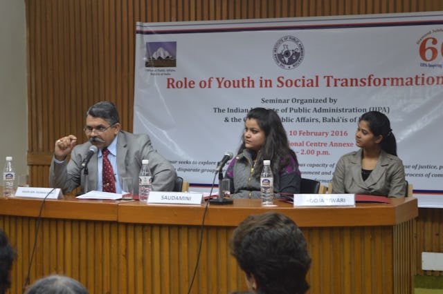 Major General Dilawar Singh (left)—Director General of the Indian government’s Ministry of Youth and Sports—speaks on a panel on youth in community-building. Saudamini Pandey (center)—Project Manager of an NGO—looks on with Pooja Tiwari (right)—a youth representing the Baha’i community.