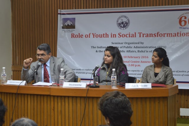 Major General Dilawar Singh (left)—Director General of the Indian government’s Ministry of Youth and Sports—speaks on a panel on youth in community-building. Saudamini Pandey (center)—Project Manager of an NGO—looks on with Pooja Tiwari (right)—a youth representing the Baha’i community.