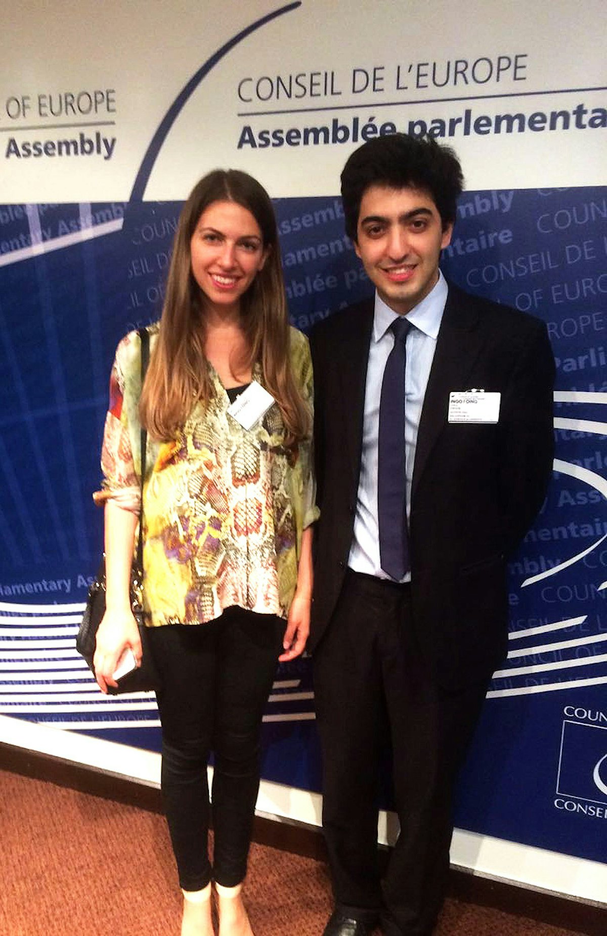 BIC representatives Tala Ram (left) and Collis Tahzib (right) at the Council of Europe Conference of International NGOS in Strasbourg.