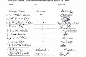 A letter signed by a dozen law professionals in Bangladesh calling for an end to the persecution of Baha’is in Iran.