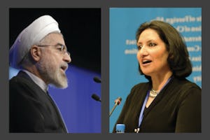 Iranian President, Hassan Rouhani (left); Principal Representative of the Baha'i International Community to the United Nations, Bani Dugal (right).