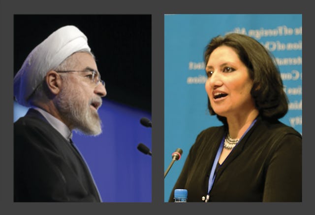 Iranian President, Hassan Rouhani (left); Principal Representative of the Baha'i International Community to the United Nations, Bani Dugal (right).