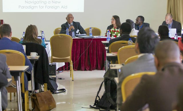 BIC Representative Prof. Techeste Ahderom chairing a session at a policy dissemination event "Emerging partners in Africa's post-conflict recovery", held in Addis Ababa in June 2016.