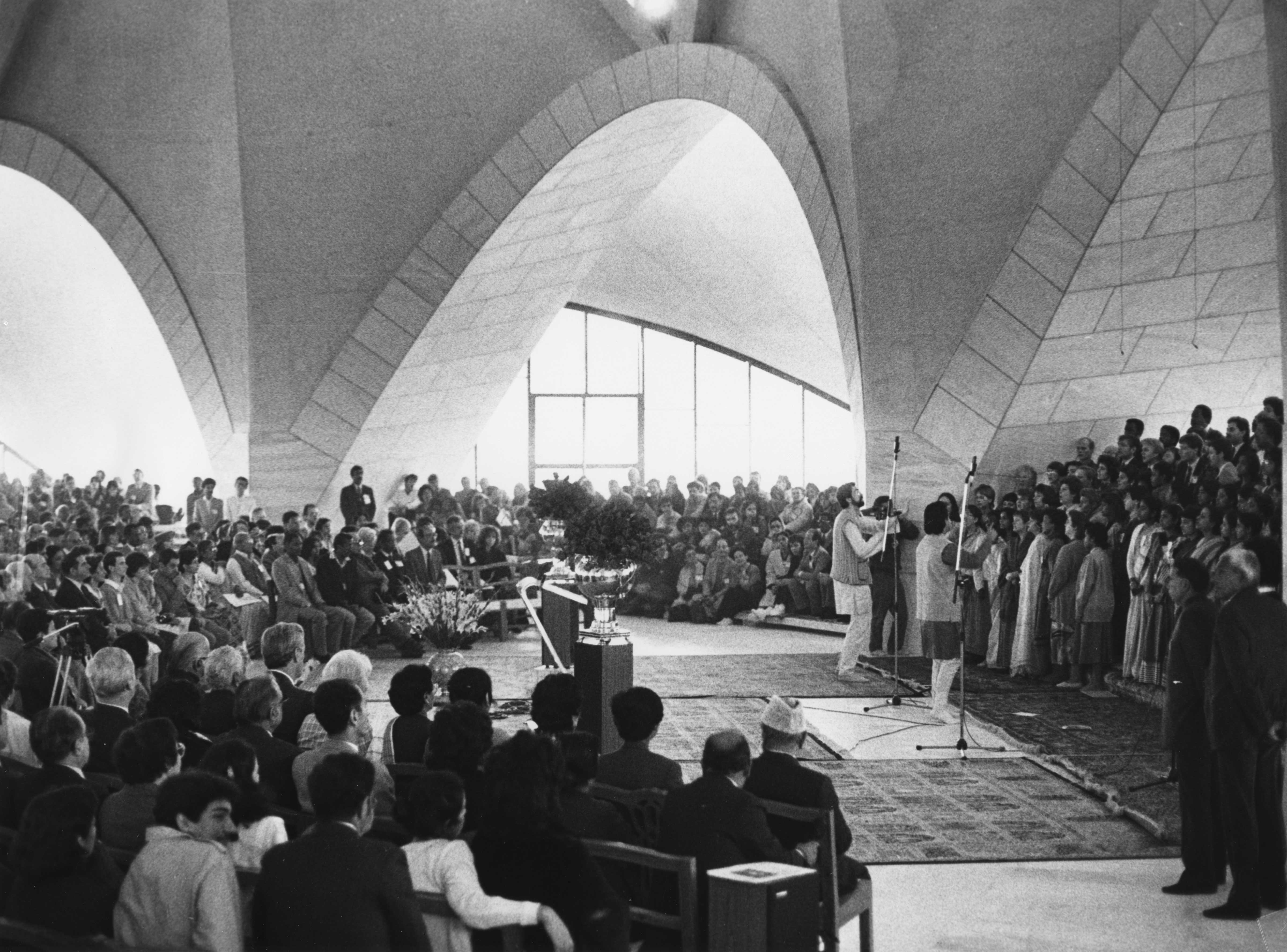 A view from the interior of the Bahá’í House of Worship in India during its dedication ceremony in 1986