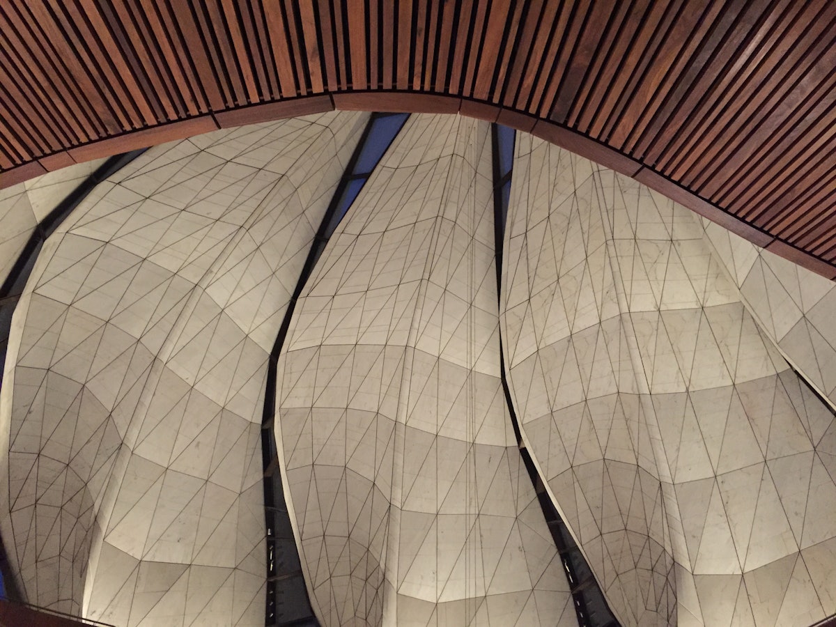 An interior view of the House of Worship. “The way that the light is captured in the glass, how it comes through and just touches the marble...it’s way beyond what we could have imagined,” explains the architect, Siamak Hariri.