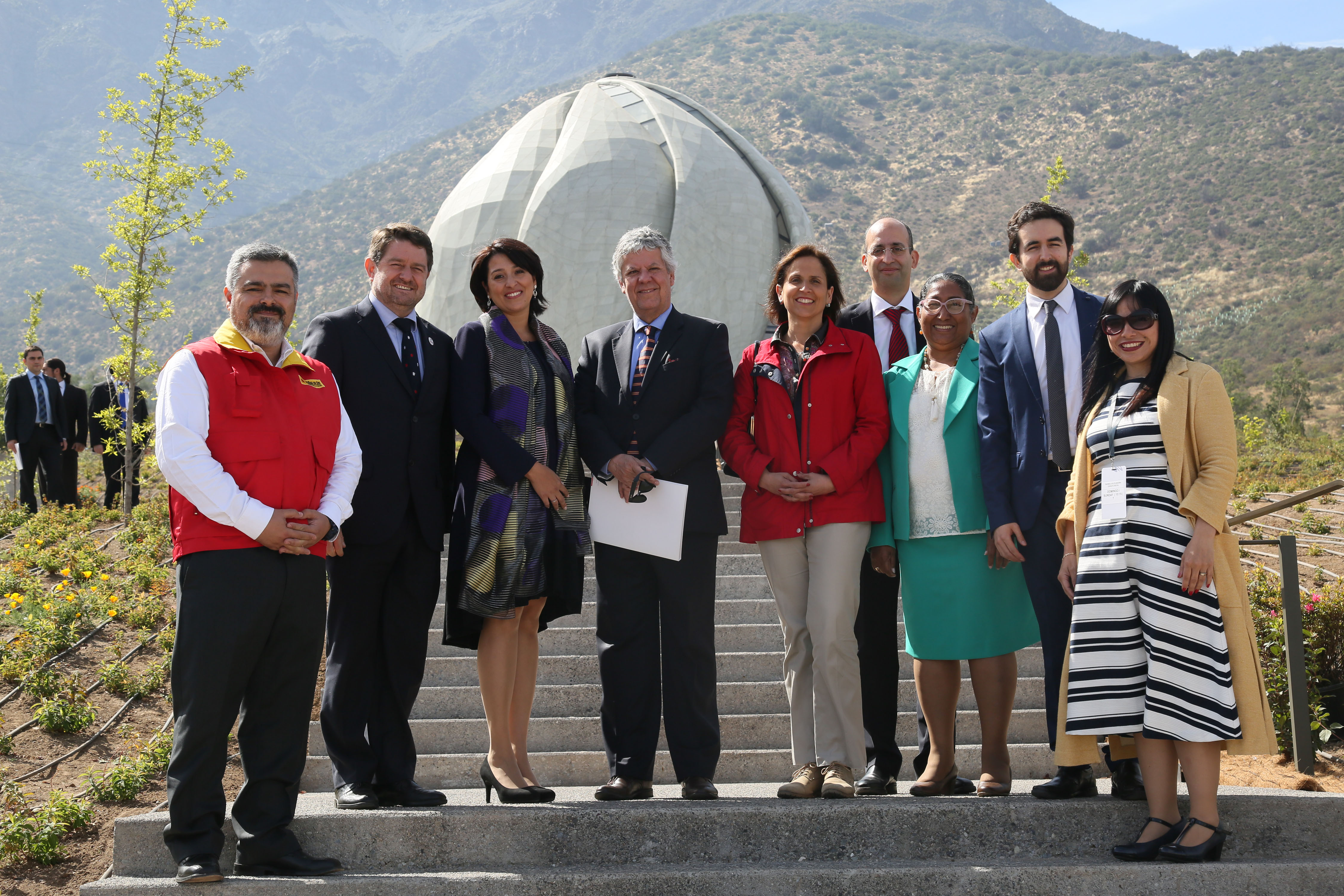 Special guests at the opening ceremony included (pictured left to right): Patricio Escobar, acting mayor of Peñolen; Claudio Orrego, governor of the Santiago Metropolitan Region; Representative of the President of Chile, Minister Secretary General Nicolás Eyzaguirre; Antonella Demonte, representative of the Universal House of Justice; Carolina Leitao, Mayor of Peñalolén; Shervin Youssef Setareh, Baha'i community; Counsellor Carmen Elisa Sadeghian; Felipe Duhart, Secretary of the National Spiritual Assembly of the Baha’is of Chile; Daniela Zarate, Baha'i community. (See Editor's note.)