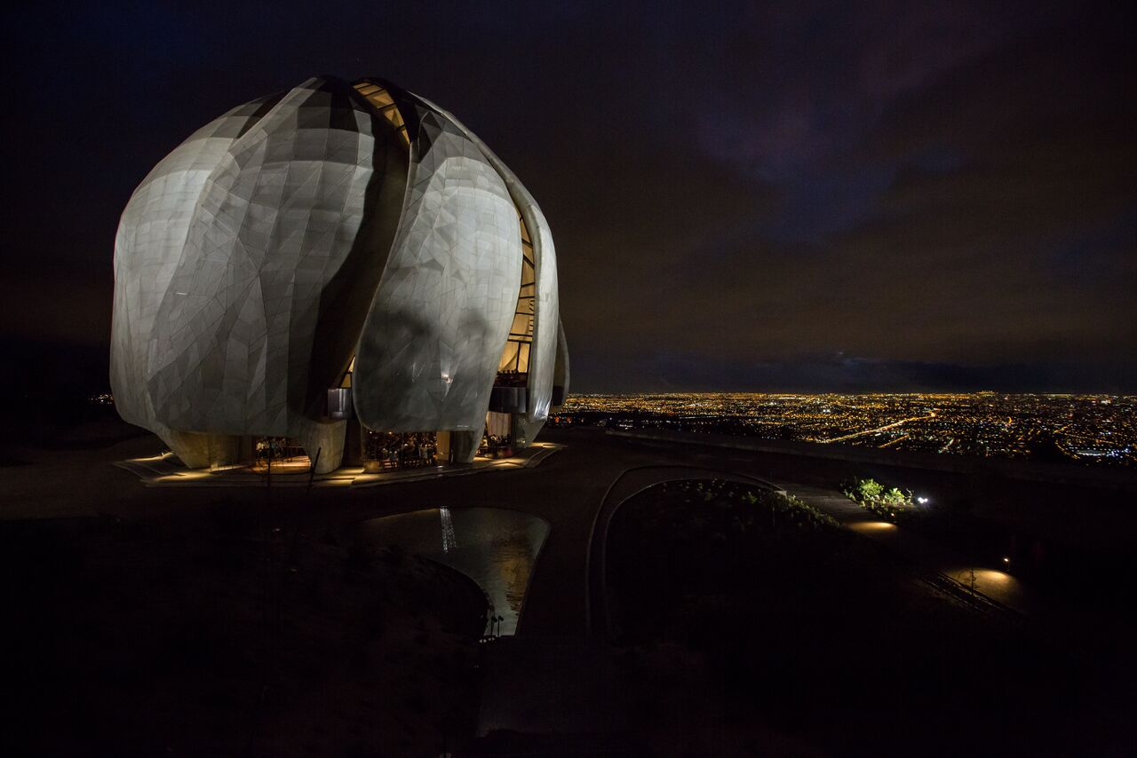 The Baha’i House of Worship for South America, overlooking Santiago at night